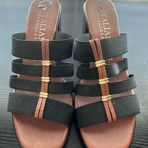 Italian Shoemakers Black and Tan Strappy Sandals- stretch